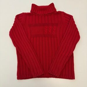 Tommy‎ Hilfiger Jeans Red Ribbed Knit Turtleneck Sweater Cable Knit Large